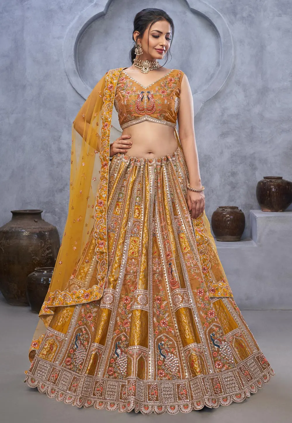 Mustard Banarasi Silk Wedding Lehenga Choli 303689