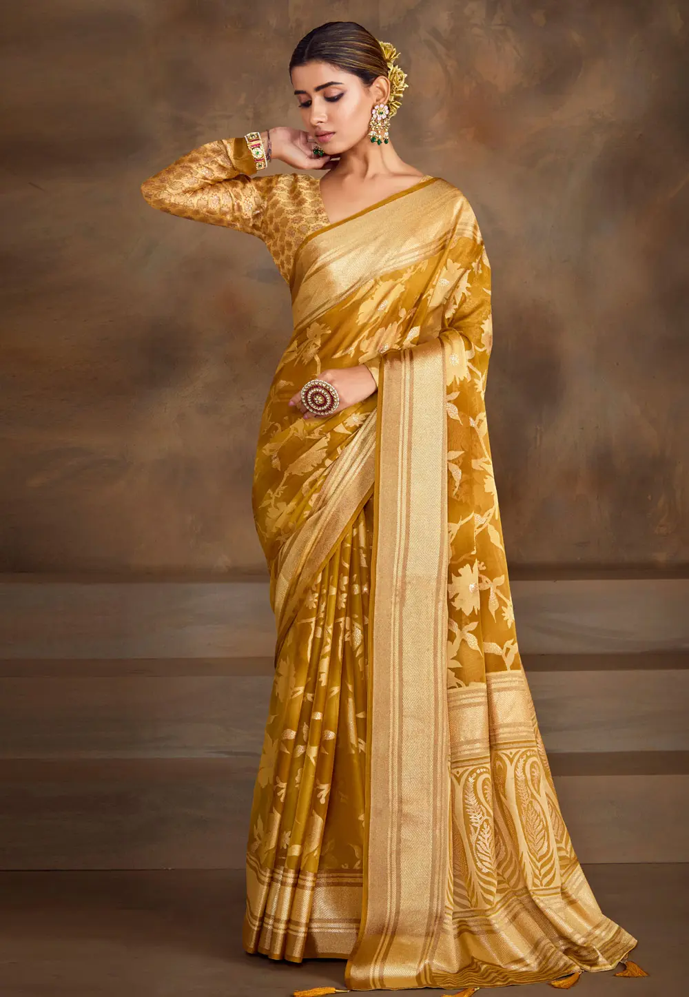 Mustard Brasso Saree With Blouse 302236