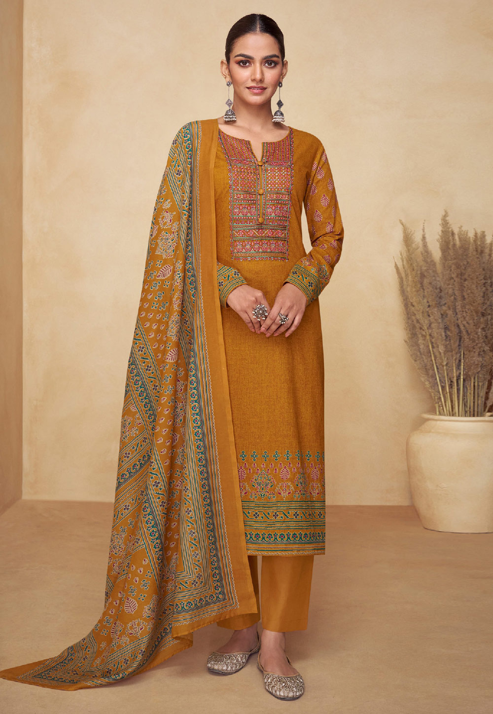 Mustard Cambric Cotton Pakistani Suit 286871