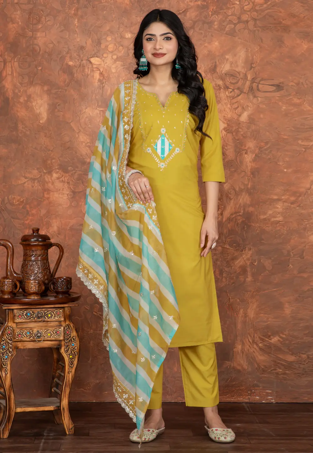 Mustard Chanderi Cotton Readymade Pant Style Suit 302289