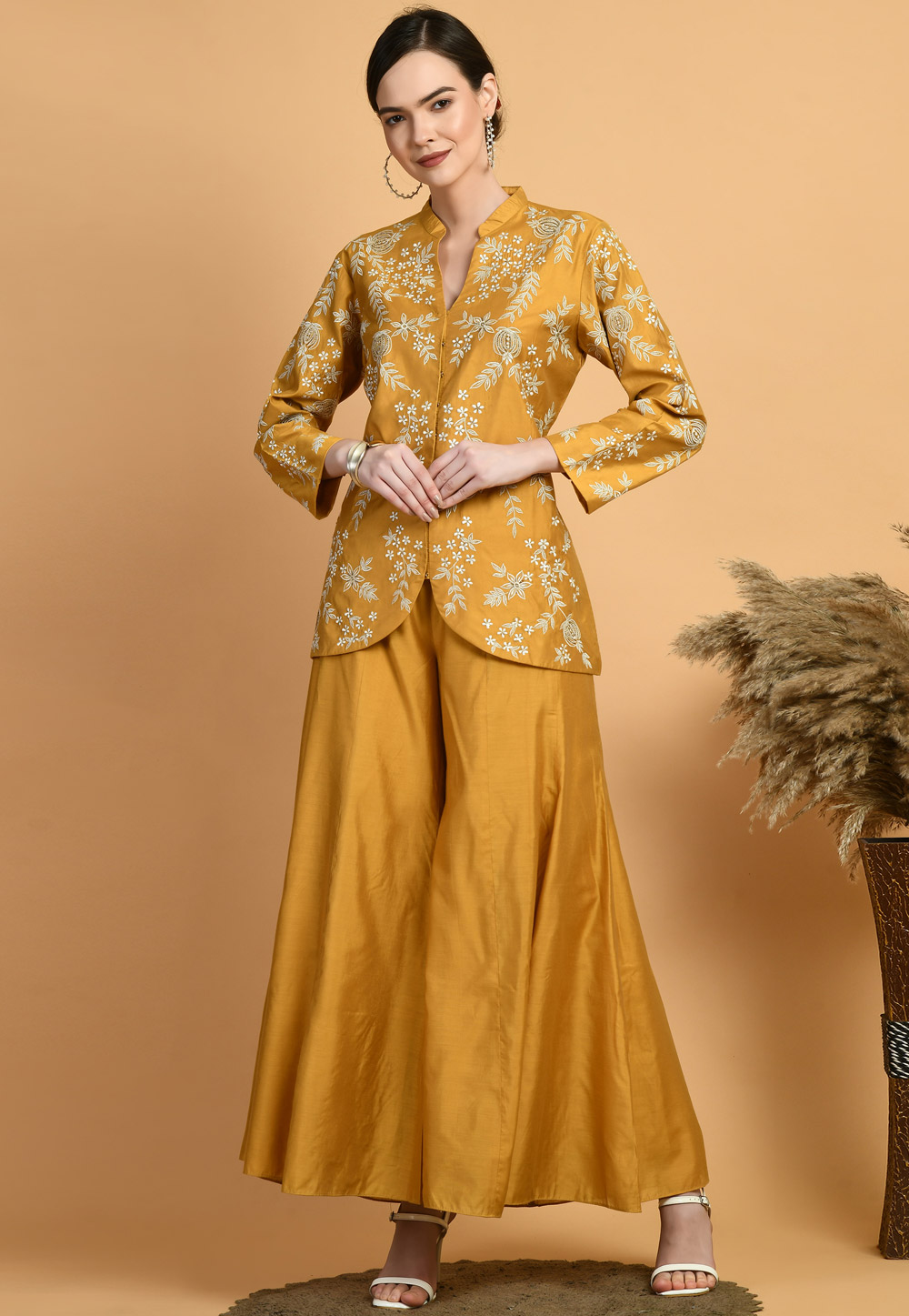 Mustard Chanderi Kurta Set With Palazzo 305454