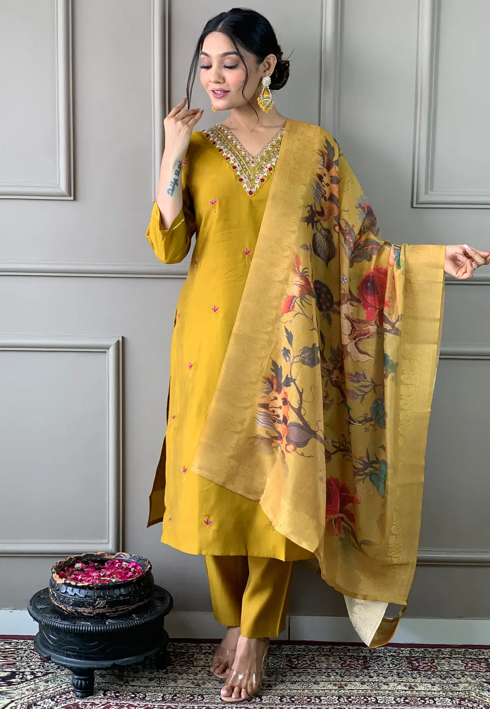 Mustard Chanderi Readymade Pakistani Suit 300331