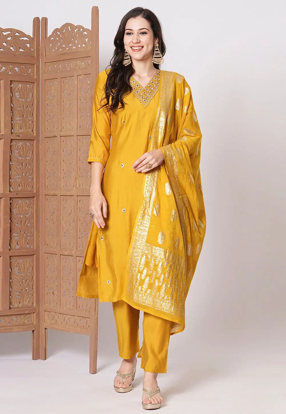 Mustard Chanderi Readymade Pant Style Suit 299703