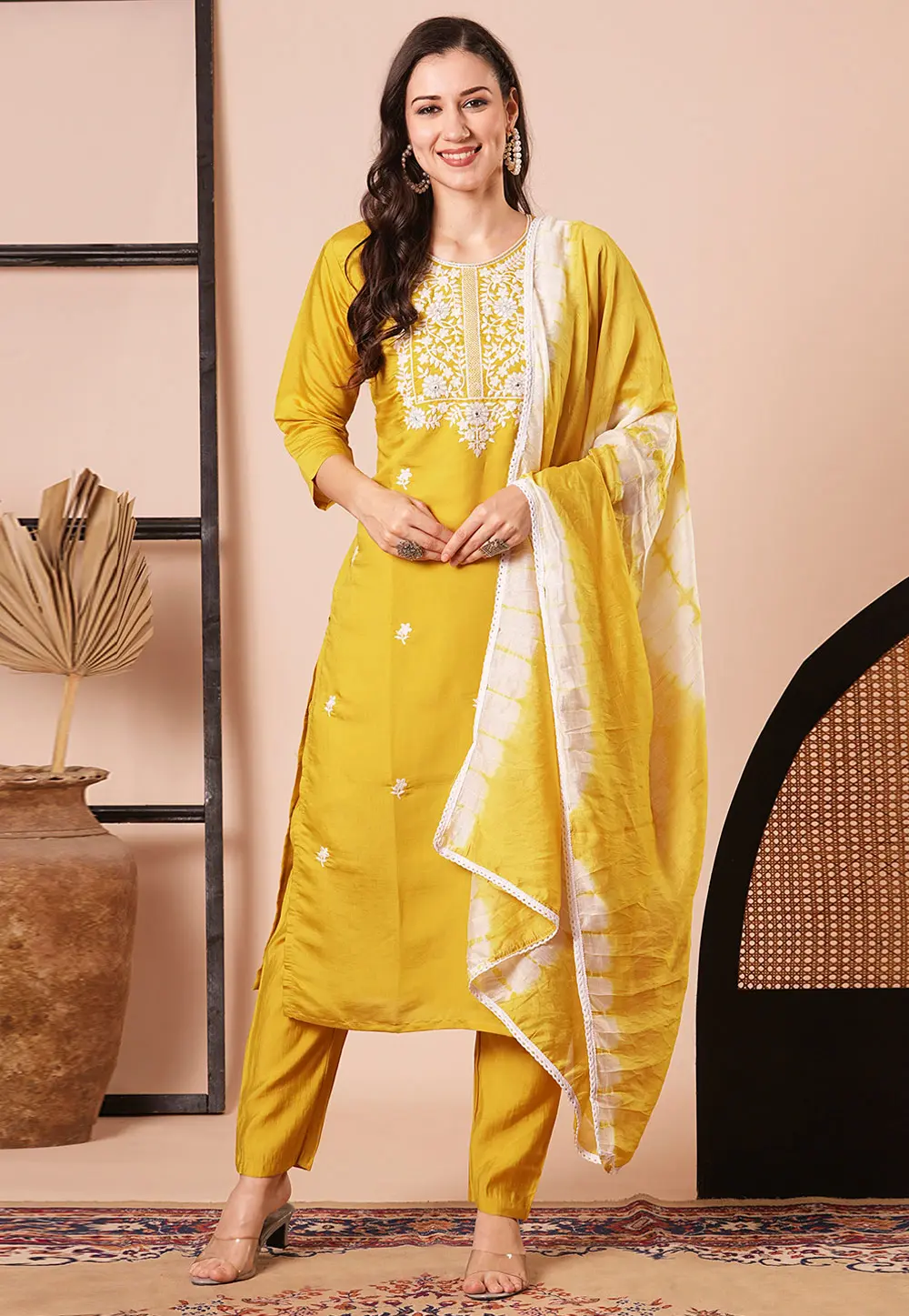 Mustard Chanderi Readymade Pant Style Suit 300096