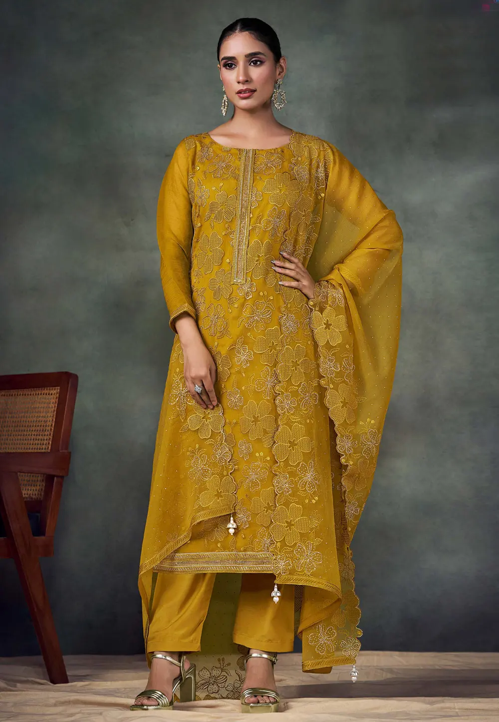 Mustard Chiffon Embroidered Pant Style Suit 304040