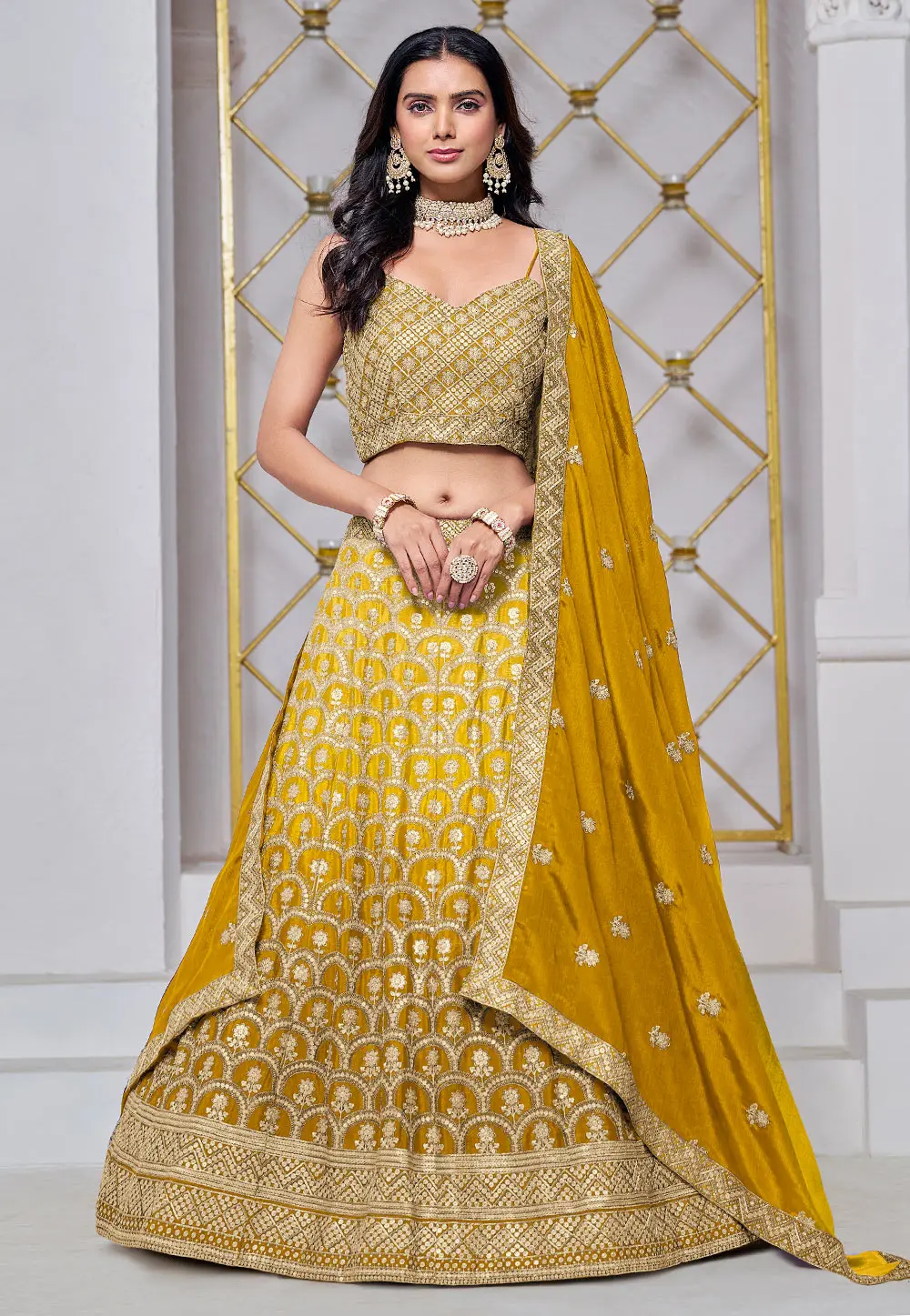 Mustard Chinon A Line Lehenga Choli 298651