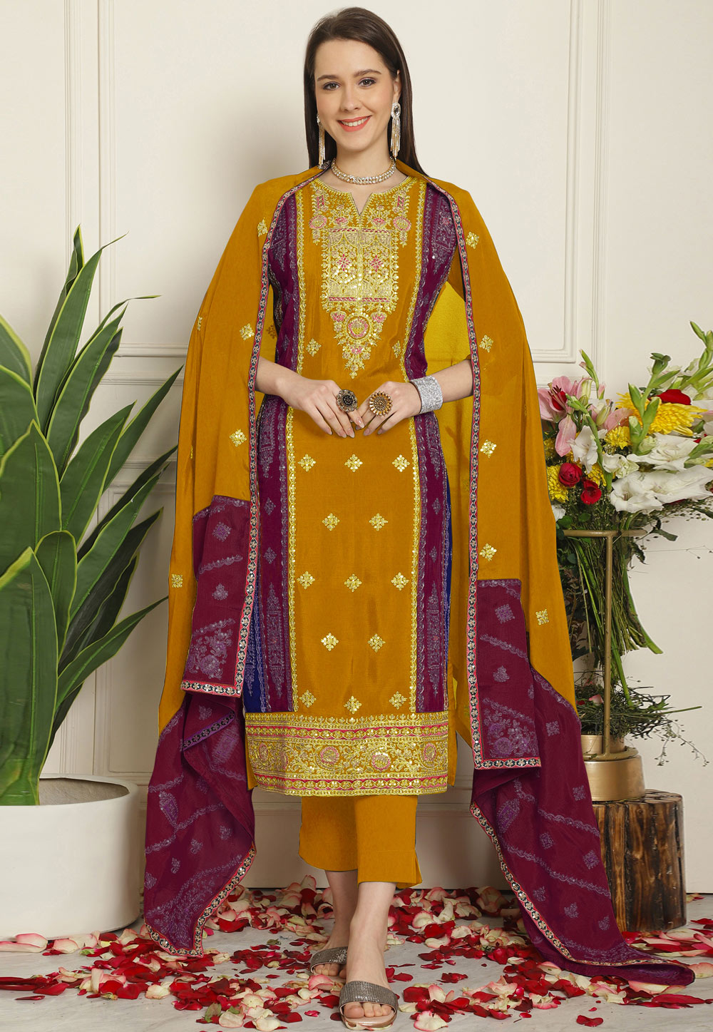 Mustard Chinon Chiffon Pant Style Suit 309741