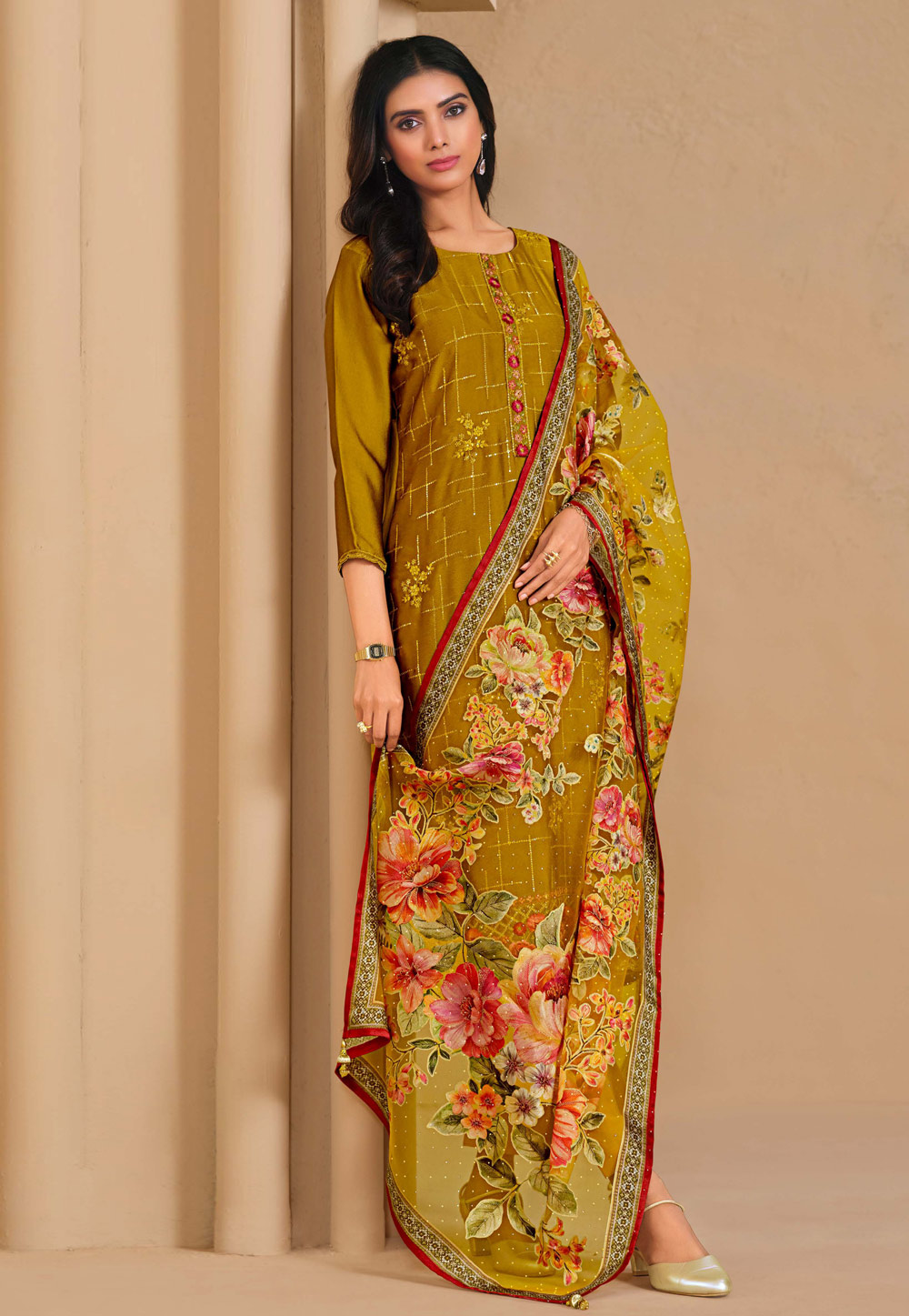 Mustard Chinon Chiffon Straight Suit 310637