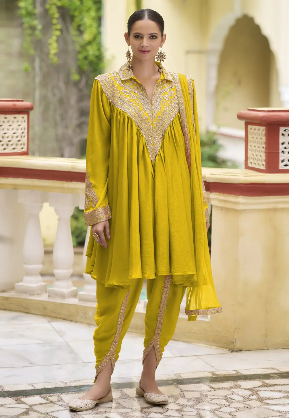 Mustard Chinon Dhoti Salwar Suit 298511