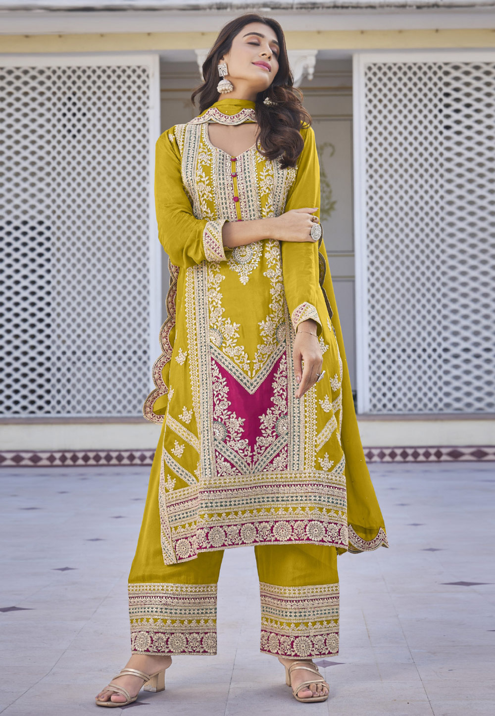 Mustard Chinon Embroidered Pakistani Suit 285168