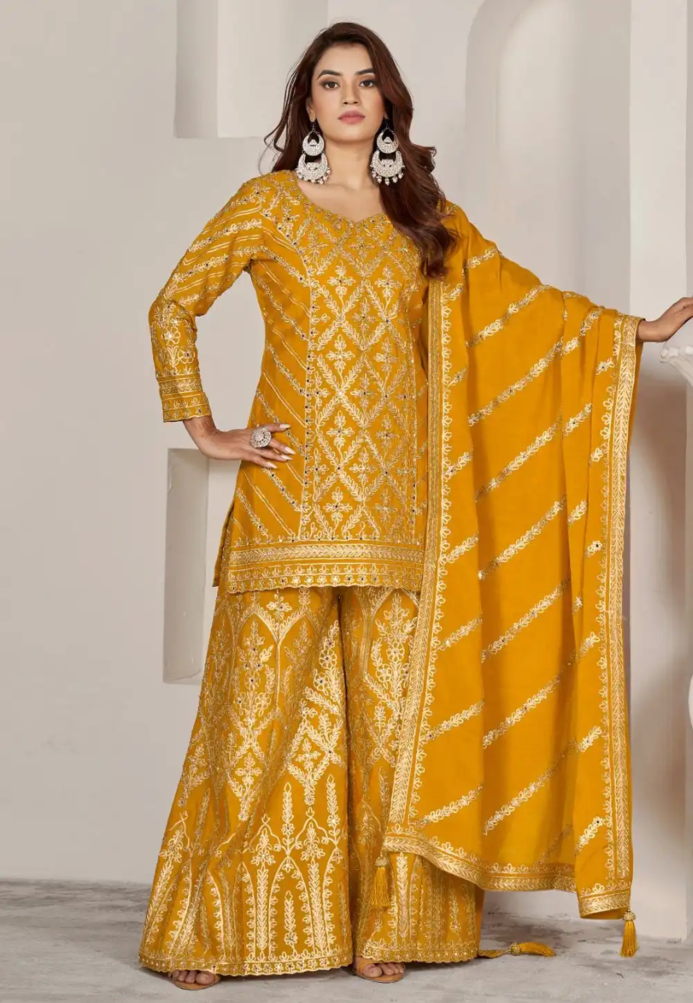 Mustard Chinon Embroidered Pakistani Suit 293852