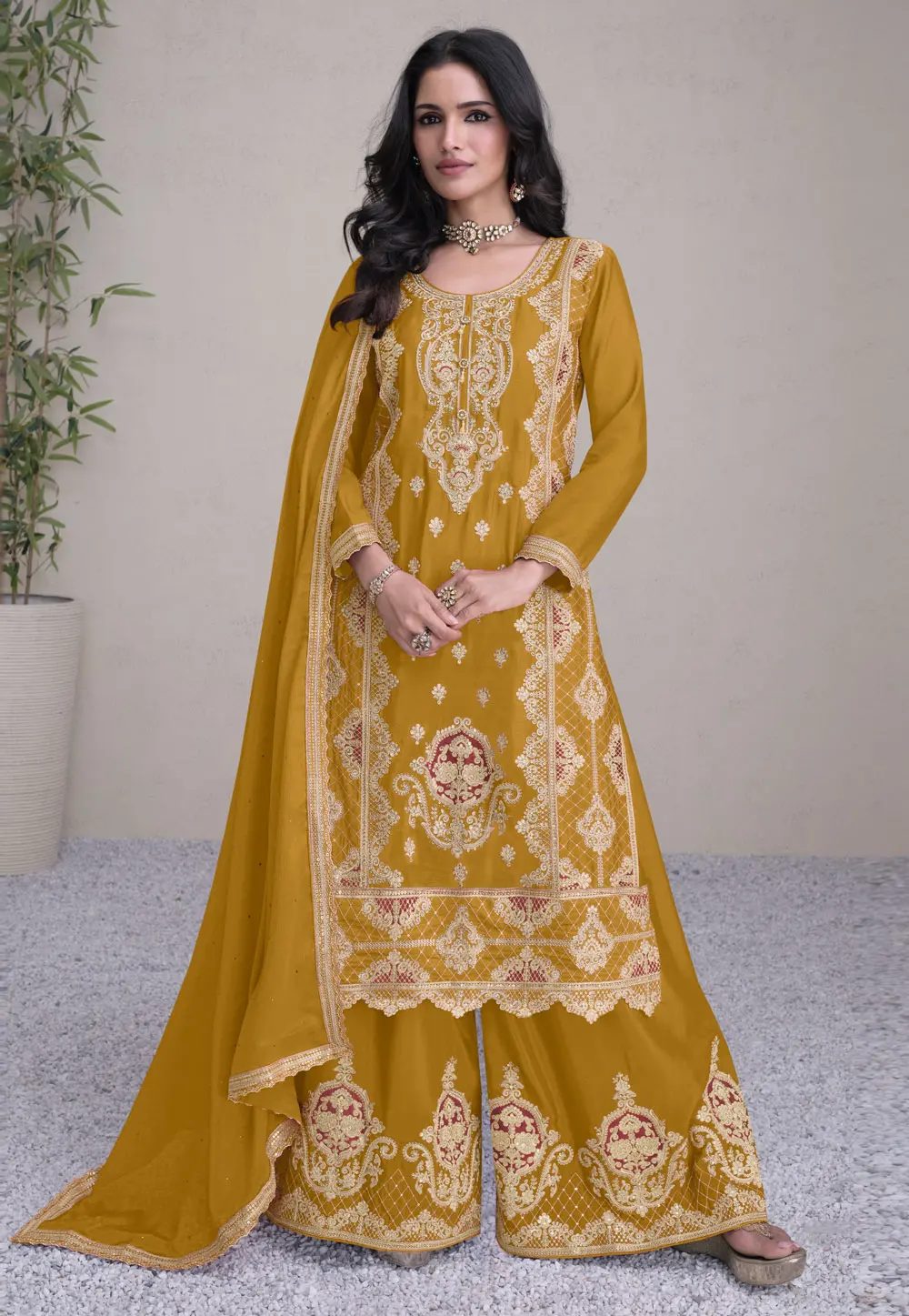 Mustard Chinon Embroidered Pakistani Suit 297579