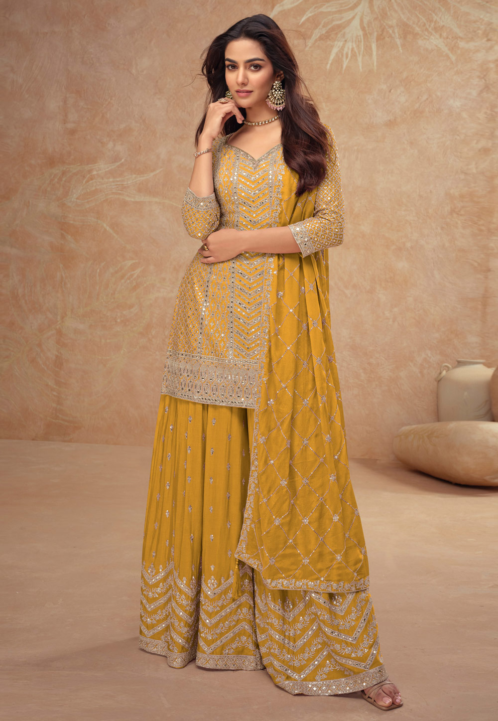 Mustard Chinon Embroidered Palazzo Suit 305709