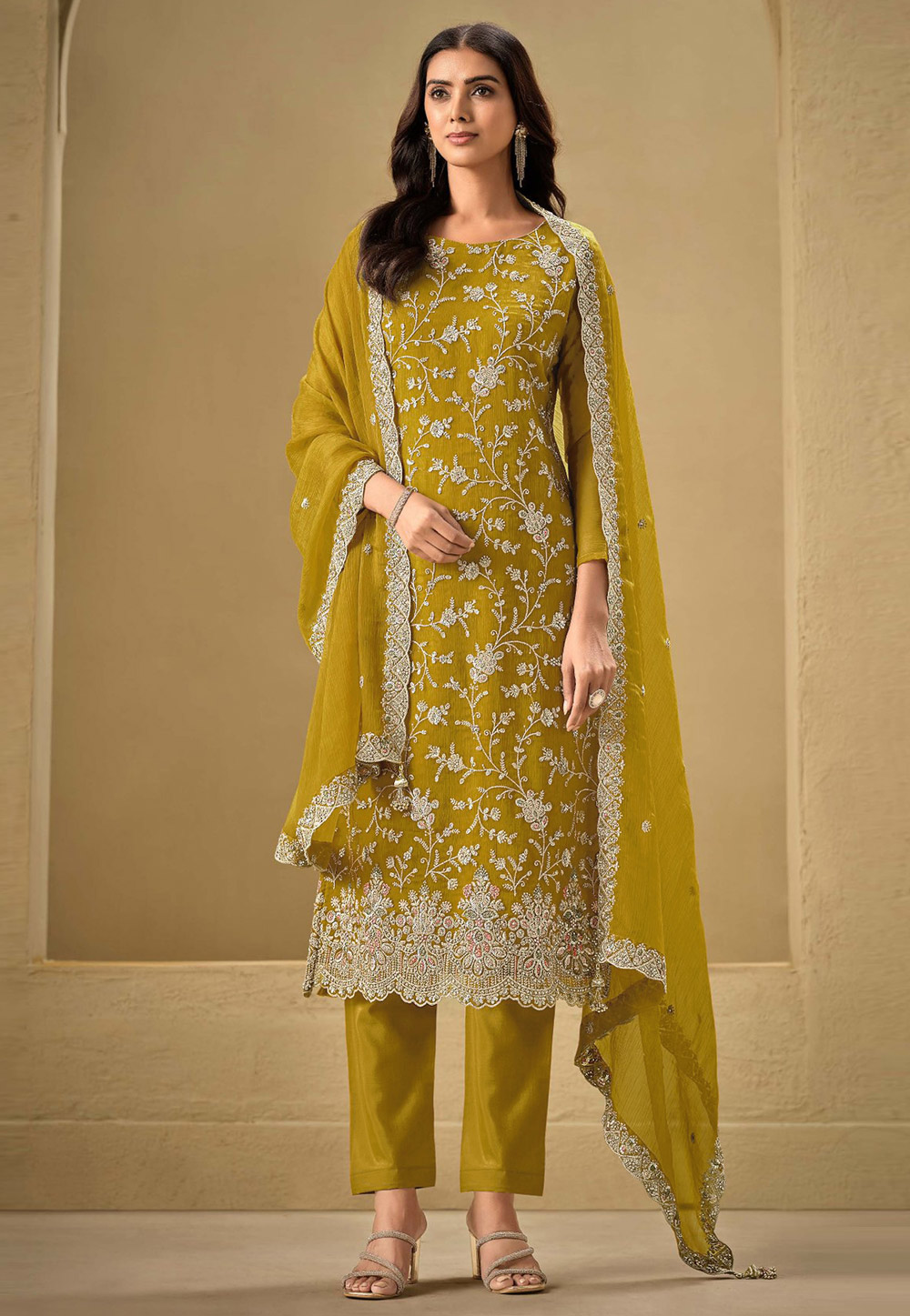 Mustard Chinon Embroidered Pant Style Suit 305310