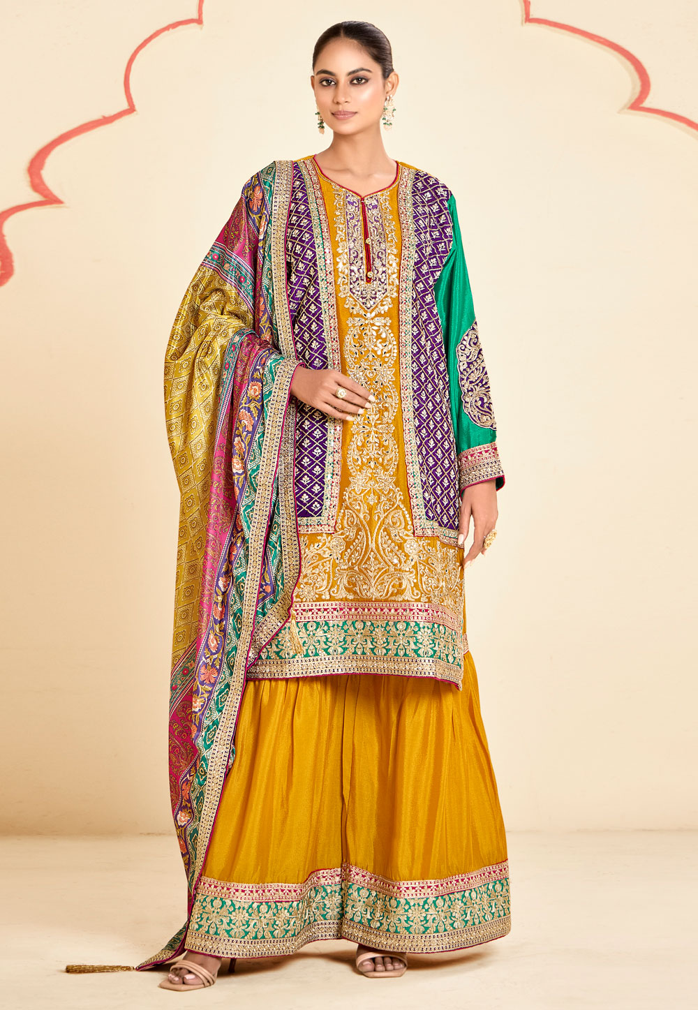 Mustard Chinon Embroidered Sharara Suit 309632