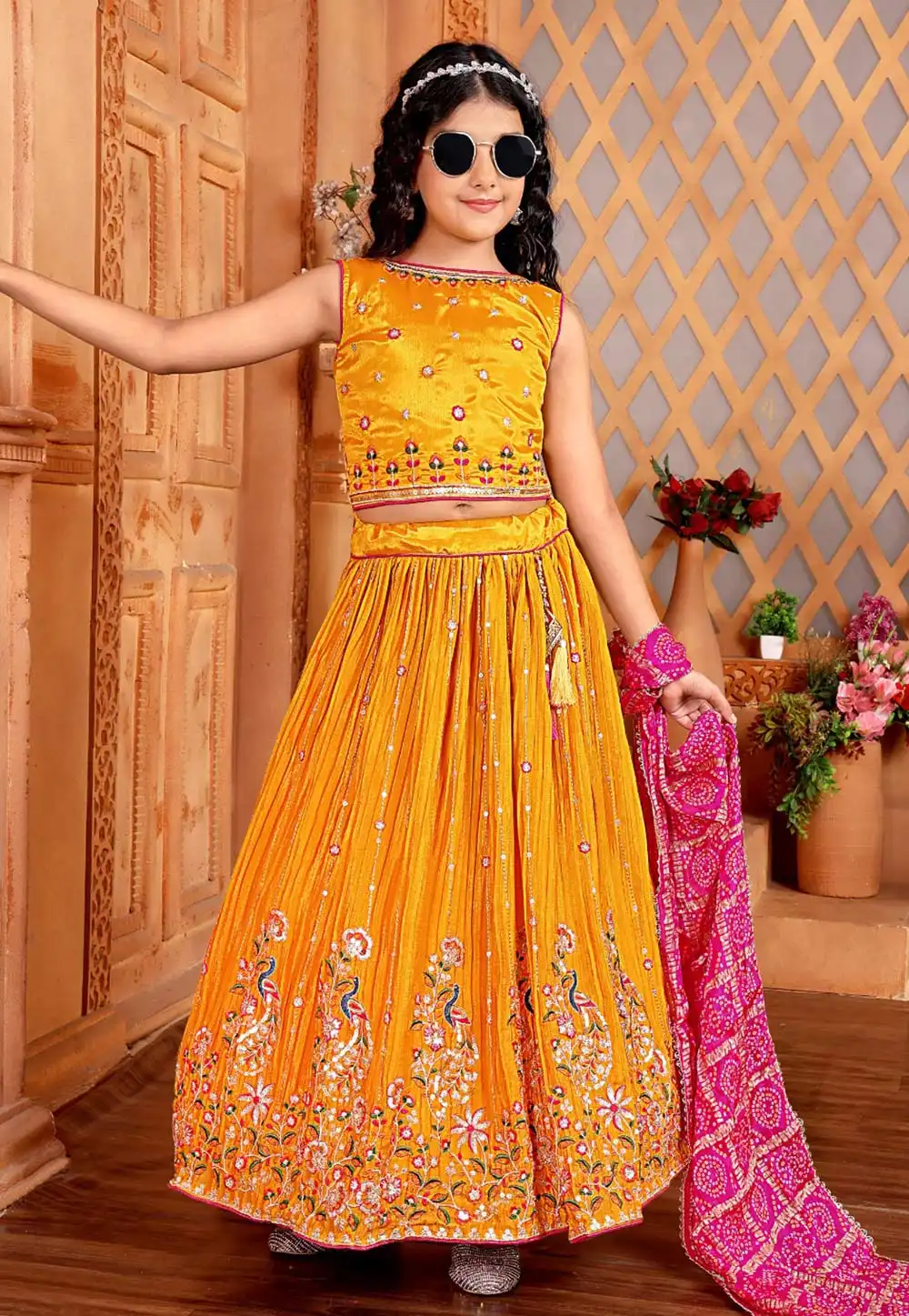 Mustard Chinon Kids Lehenga Choli 293894