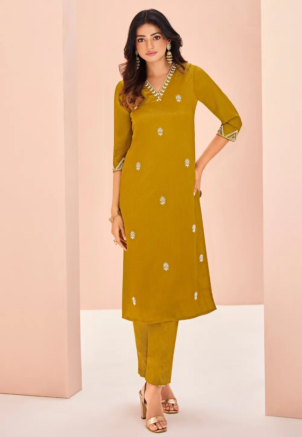 Mustard Chinon Kurta Set With Pent 298449