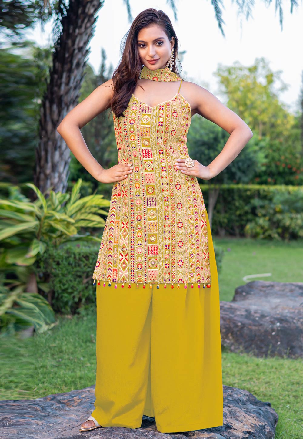 Mustard Chinon Readymade Pakistani Suit 310485