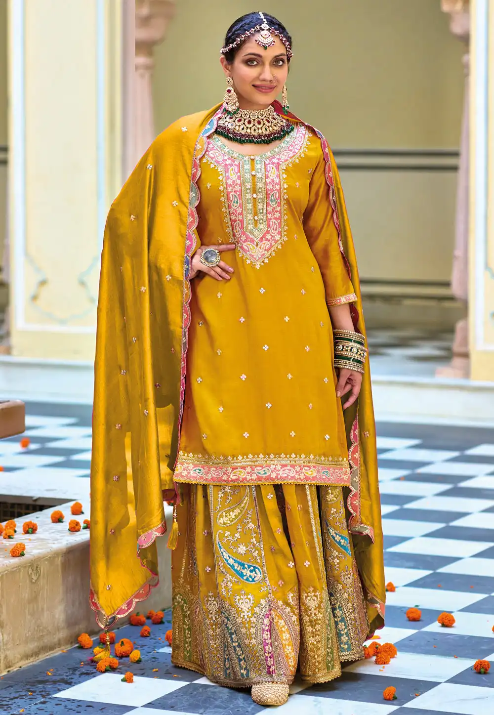 Mustard Chinon Readymade Pakistani Suit 292173