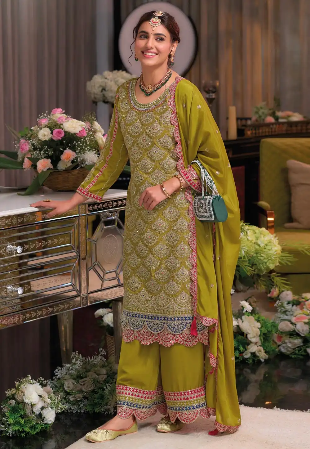 Mustard Chinon Readymade Pakistani Suit 294835