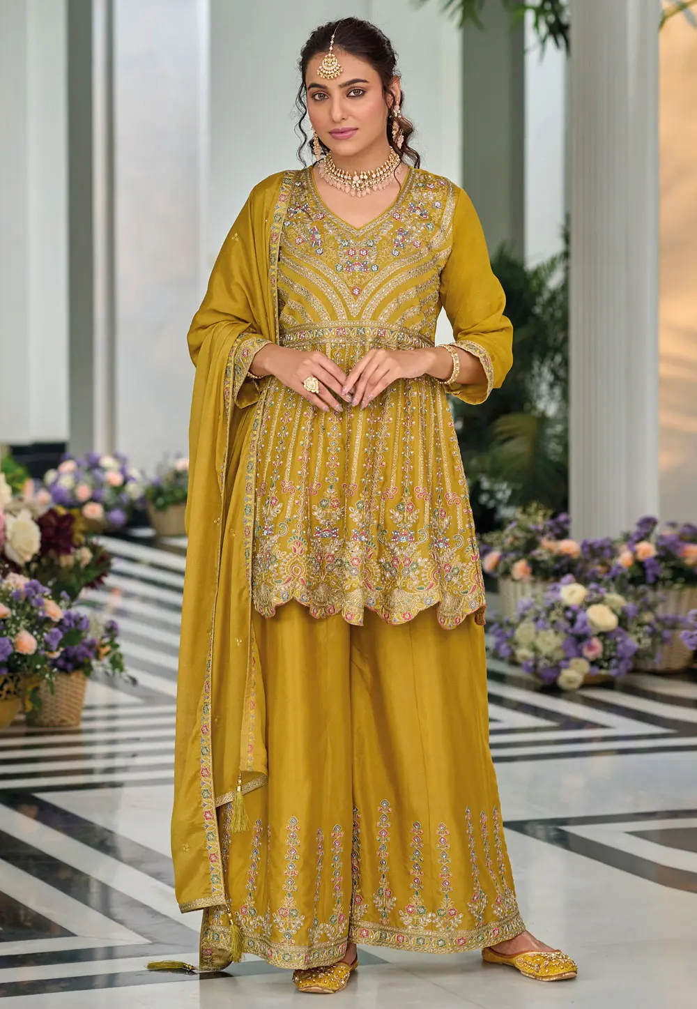 Mustard Chinon Readymade Palazzo Suit 298556