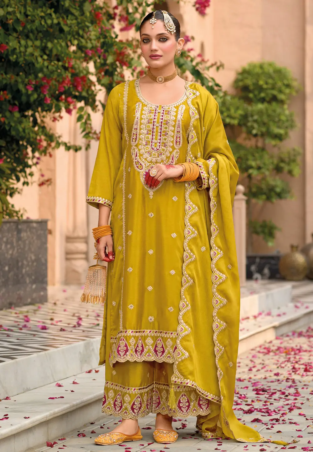 Mustard Chinon Readymade Palazzo Suit 303516