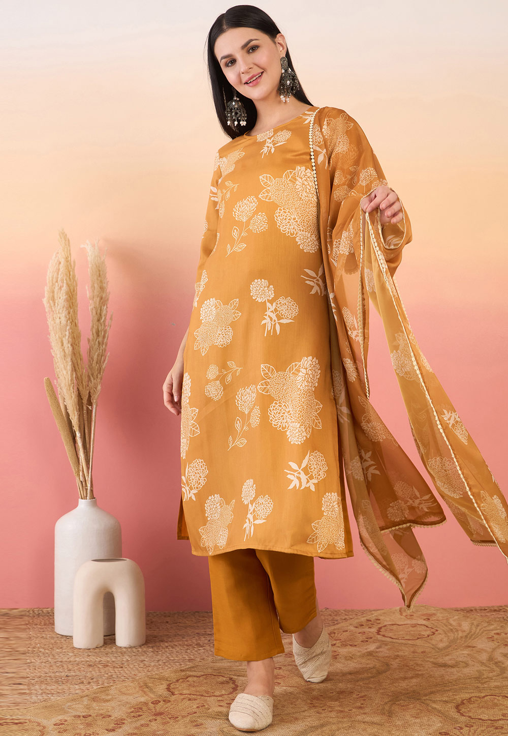 Mustard Chinon Readymade Pant Style Suit 305694