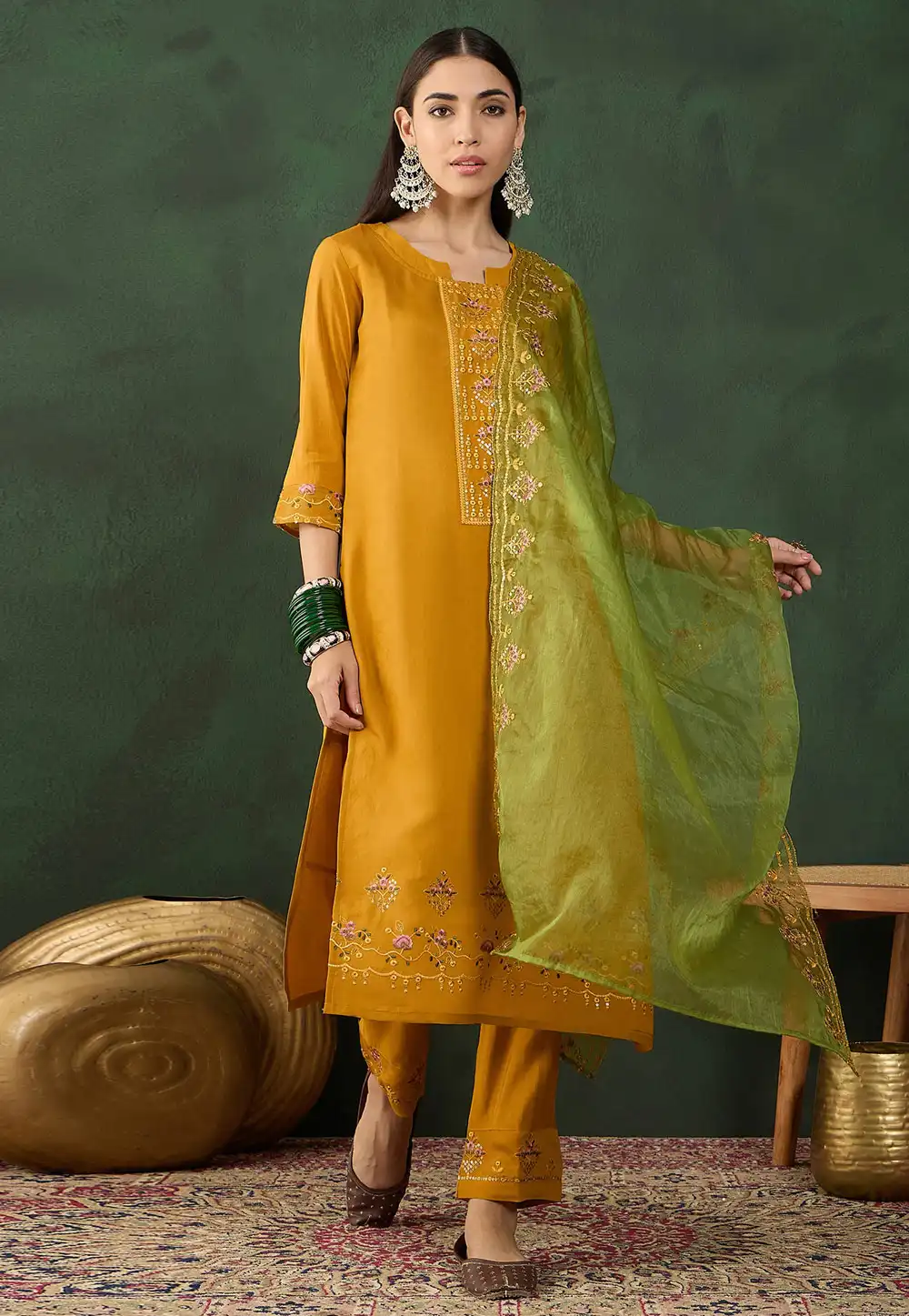 Mustard Chinon Readymade Pant Style Suit 293516