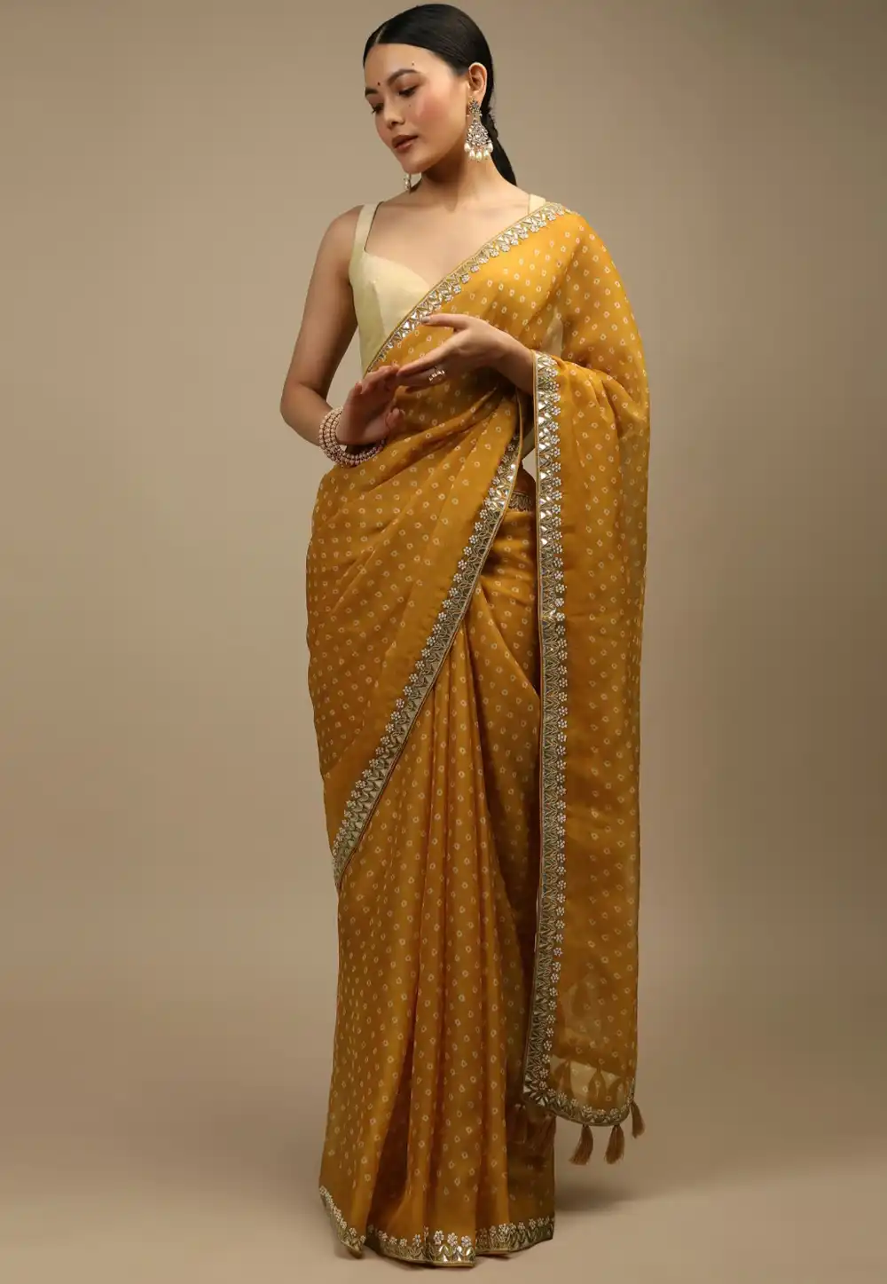 Mustard Chinon Saree With Blouse 291451