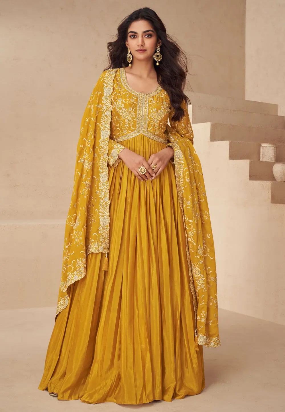 Mustard Chinon Silk Anarkali Suit 298535