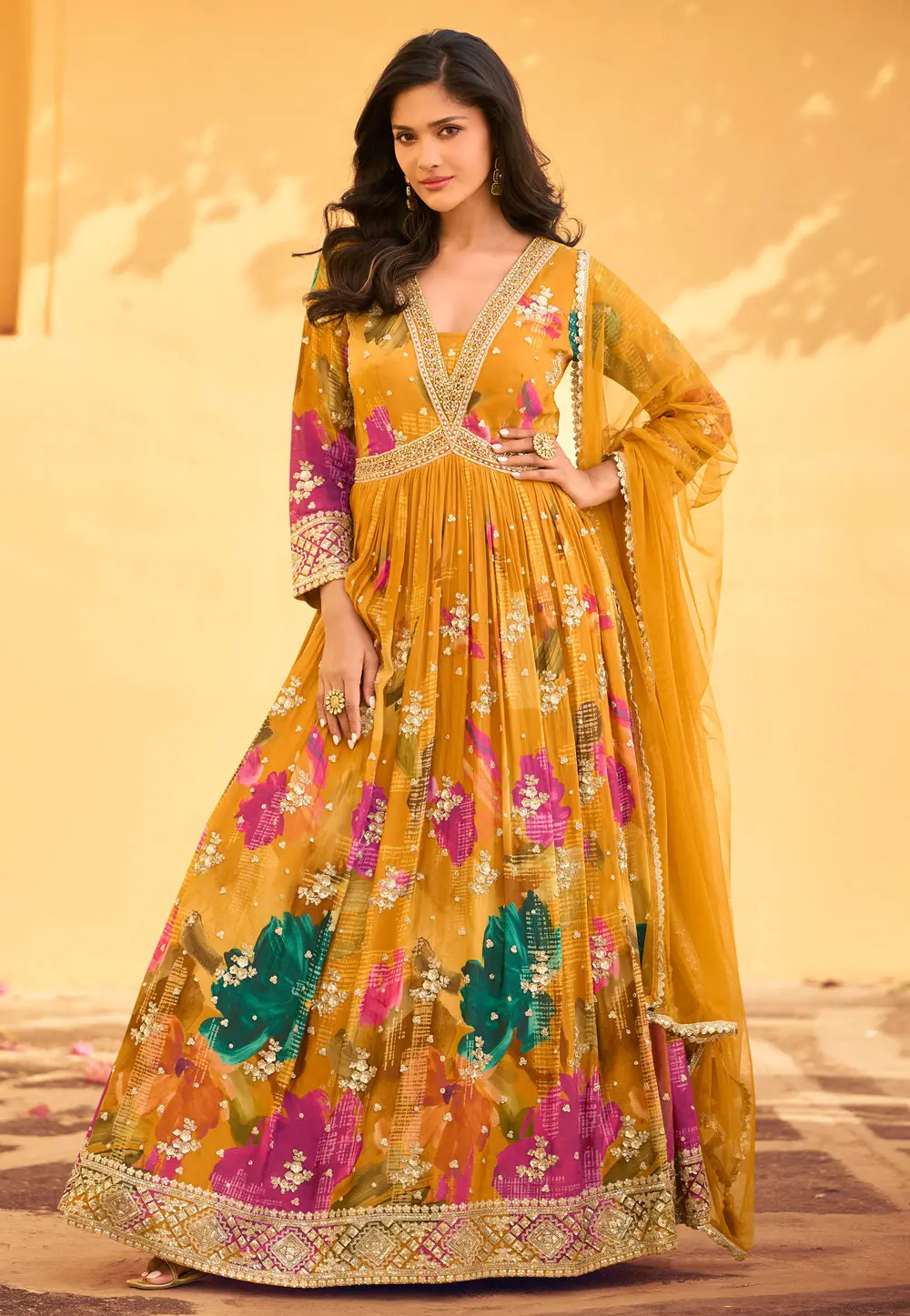 Mustard Chinon Silk Anarkali Suit 302924