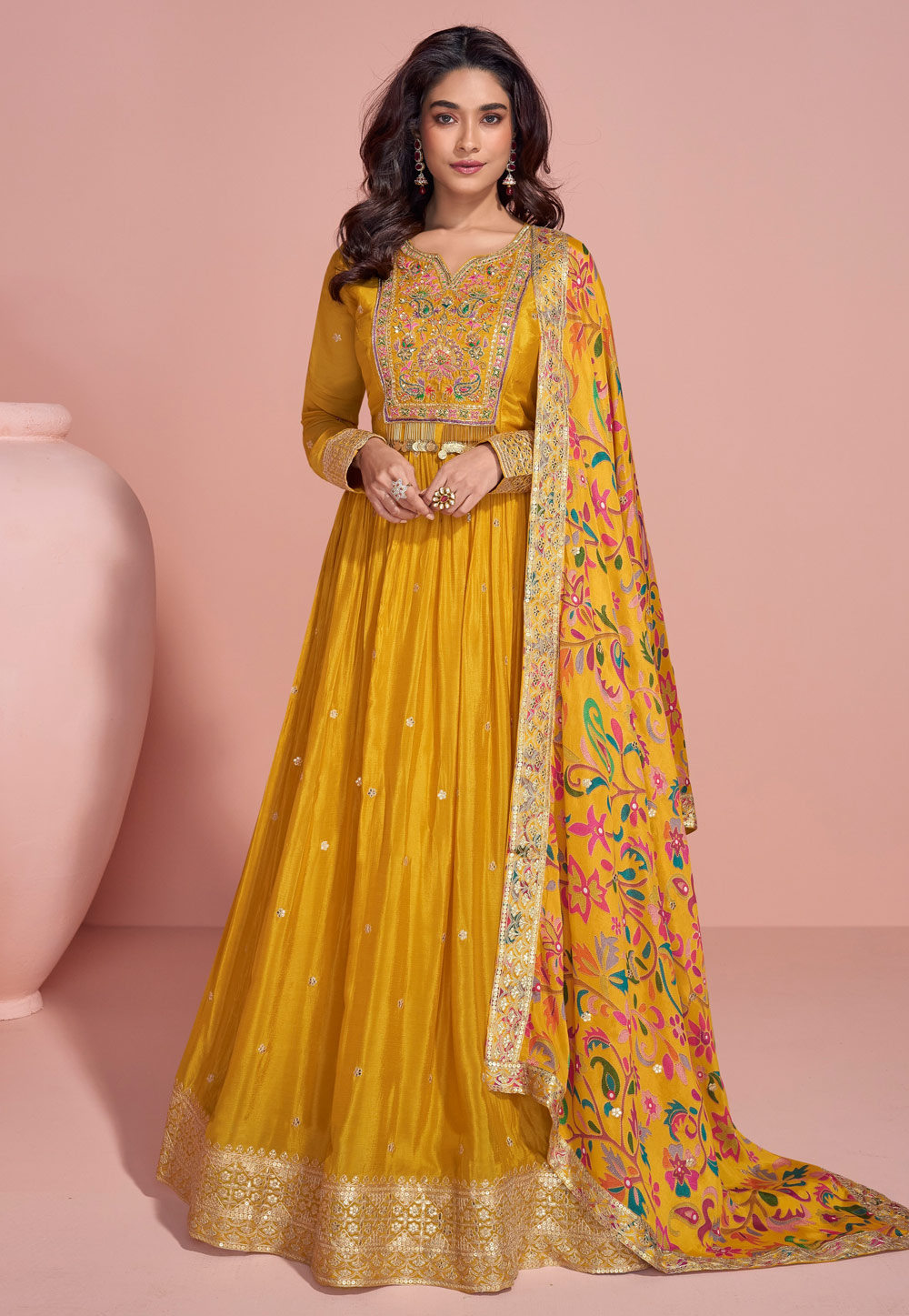 Mustard Chinon Silk Long Anarkali Suit 310396