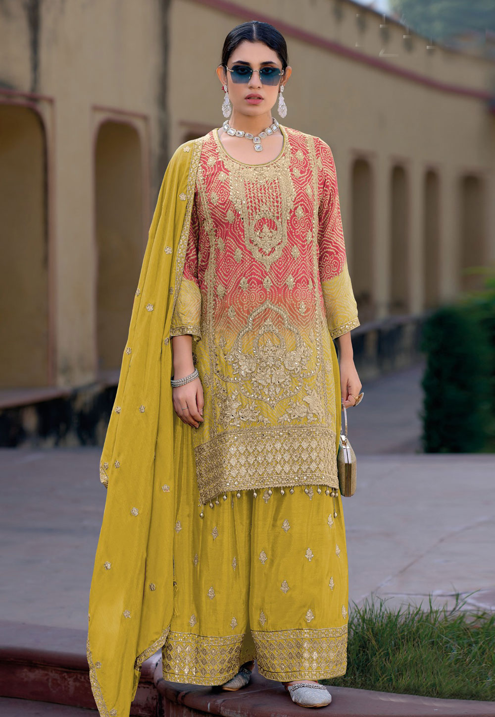 Mustard Chinon Silk Pakistani Suit 305531