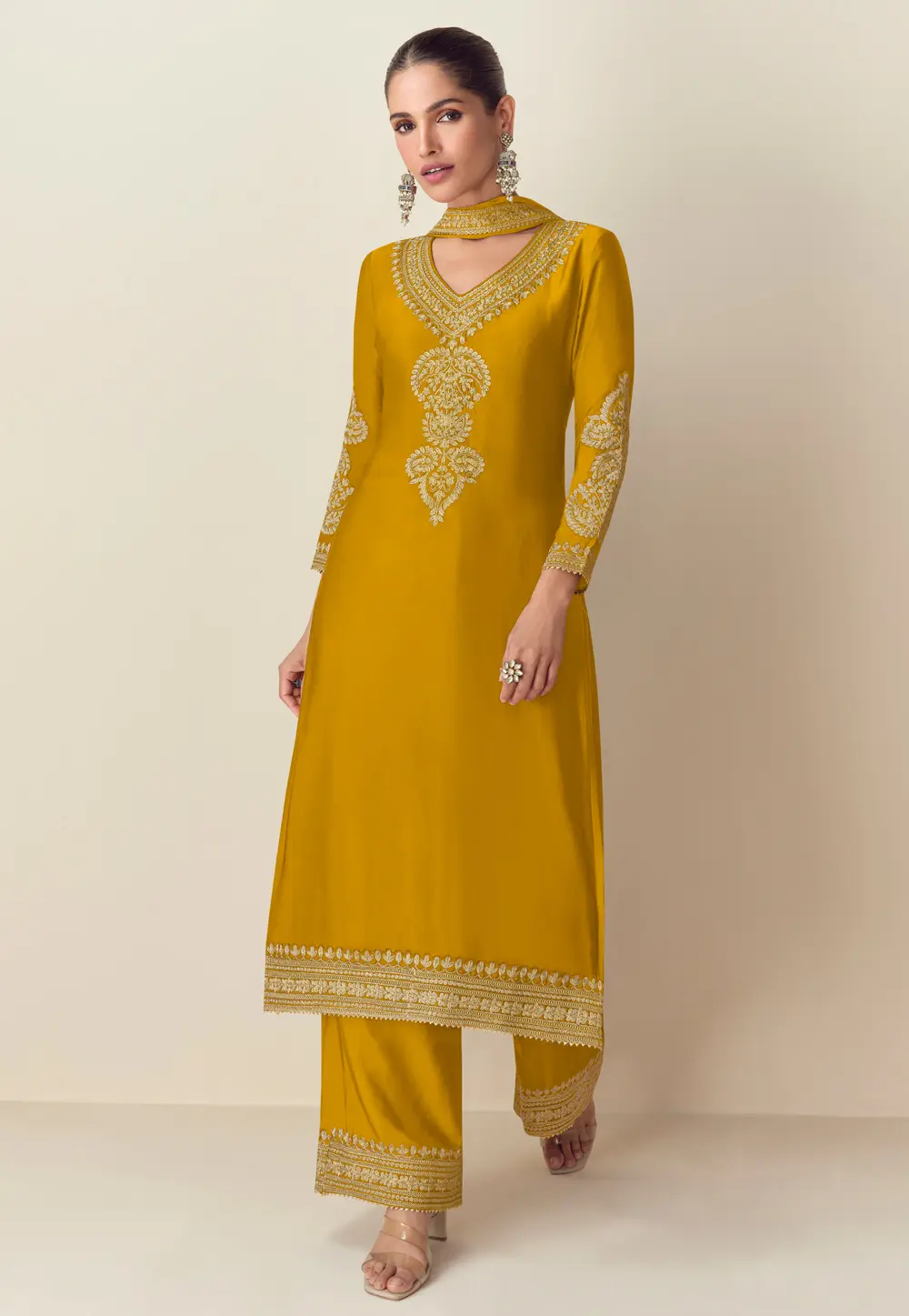 Mustard Chinon Silk Palazzo Suit 301575