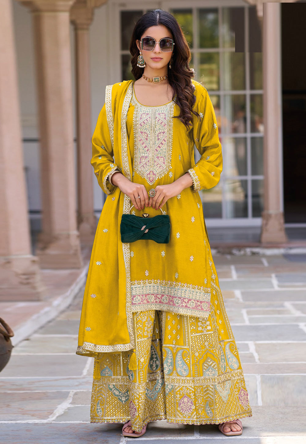 Mustard Chinon Silk Palazzo Suit 305528