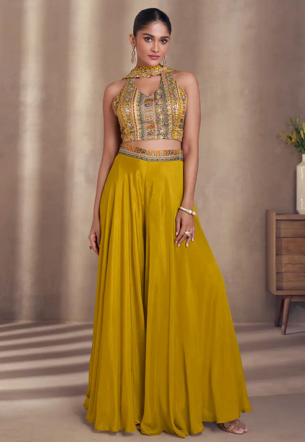 Mustard Chinon Silk Palazzo With Crop Top 292144