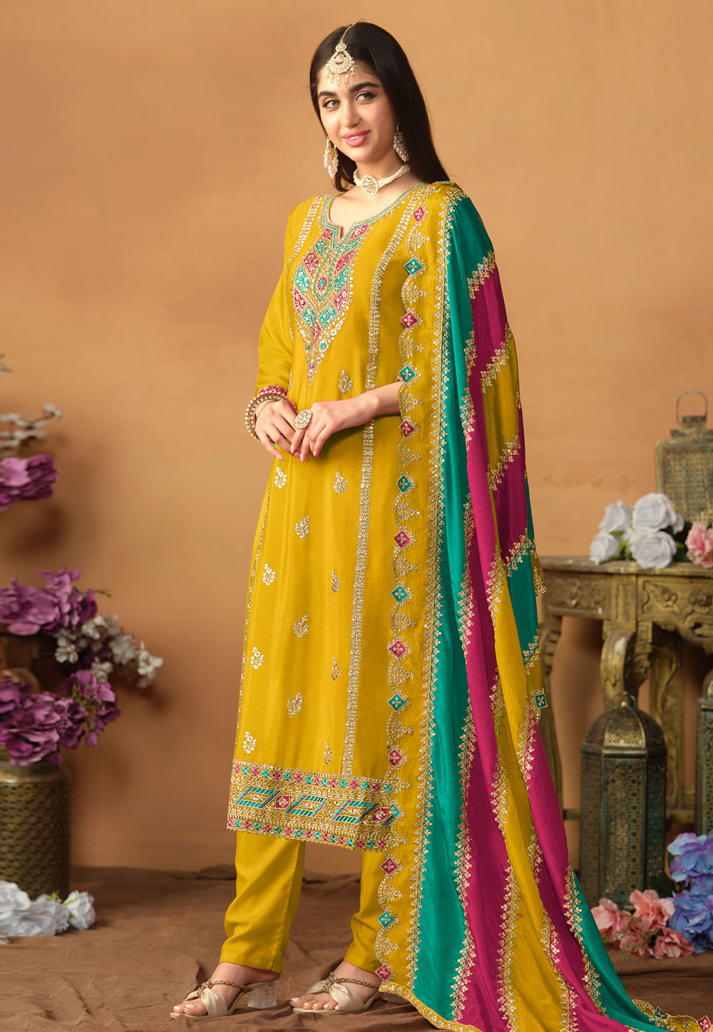 Mustard Chinon Silk Pant Style Suit 286160