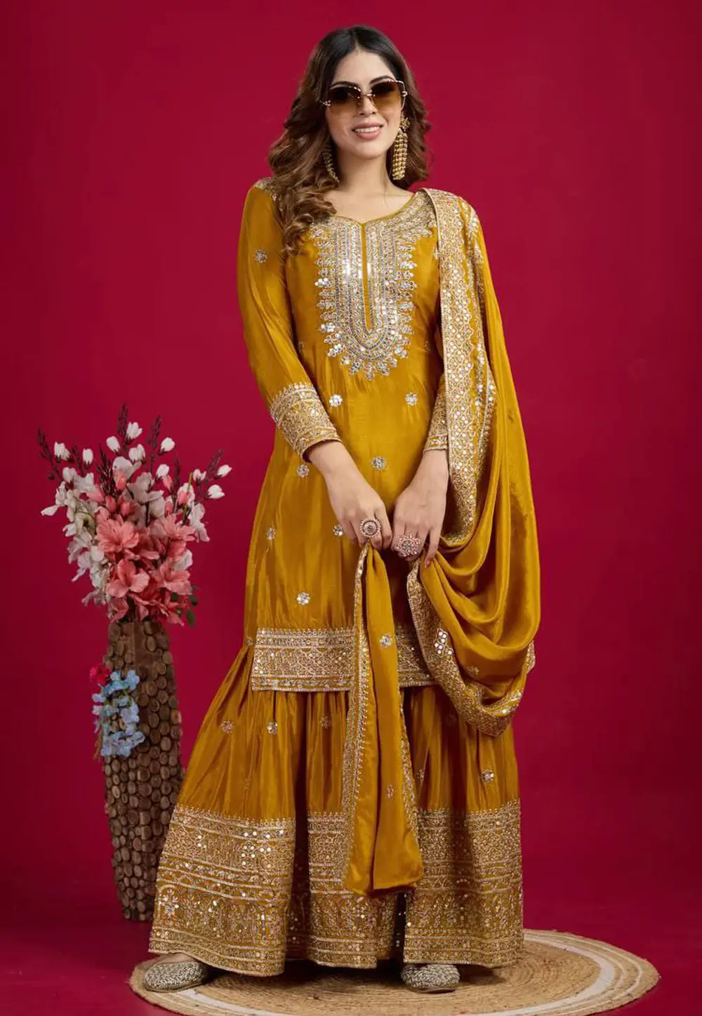 Mustard Chinon Silk Readymade Palazzo Suit 304641