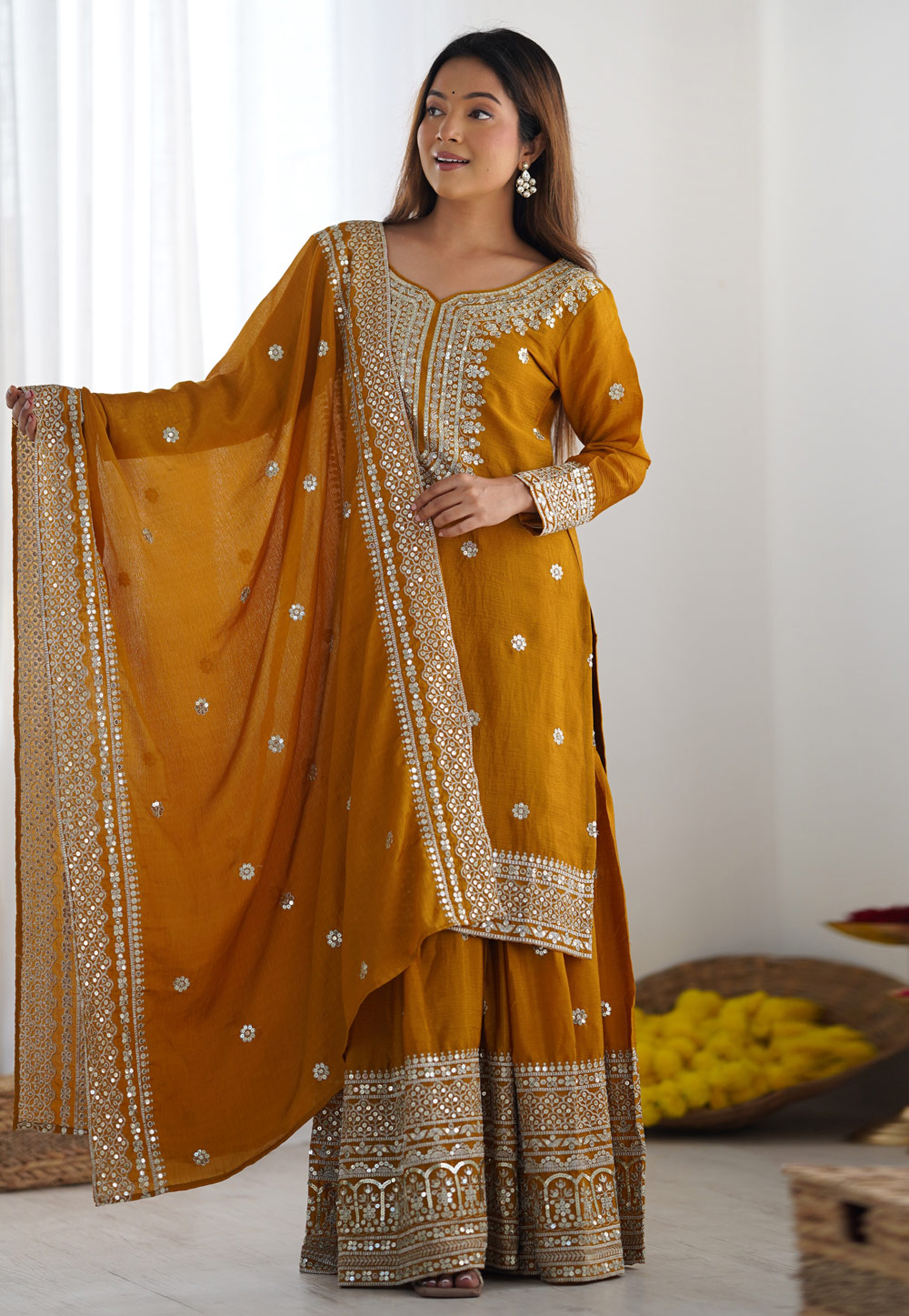 Mustard Chinon Silk Readymade Sharara Suit 305829