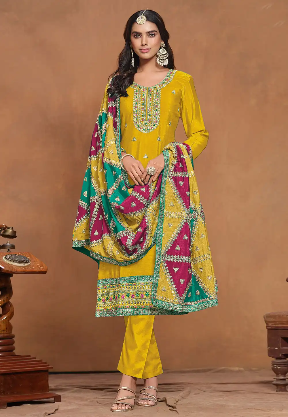 Mustard Chinon Silk Straight Suit 294068