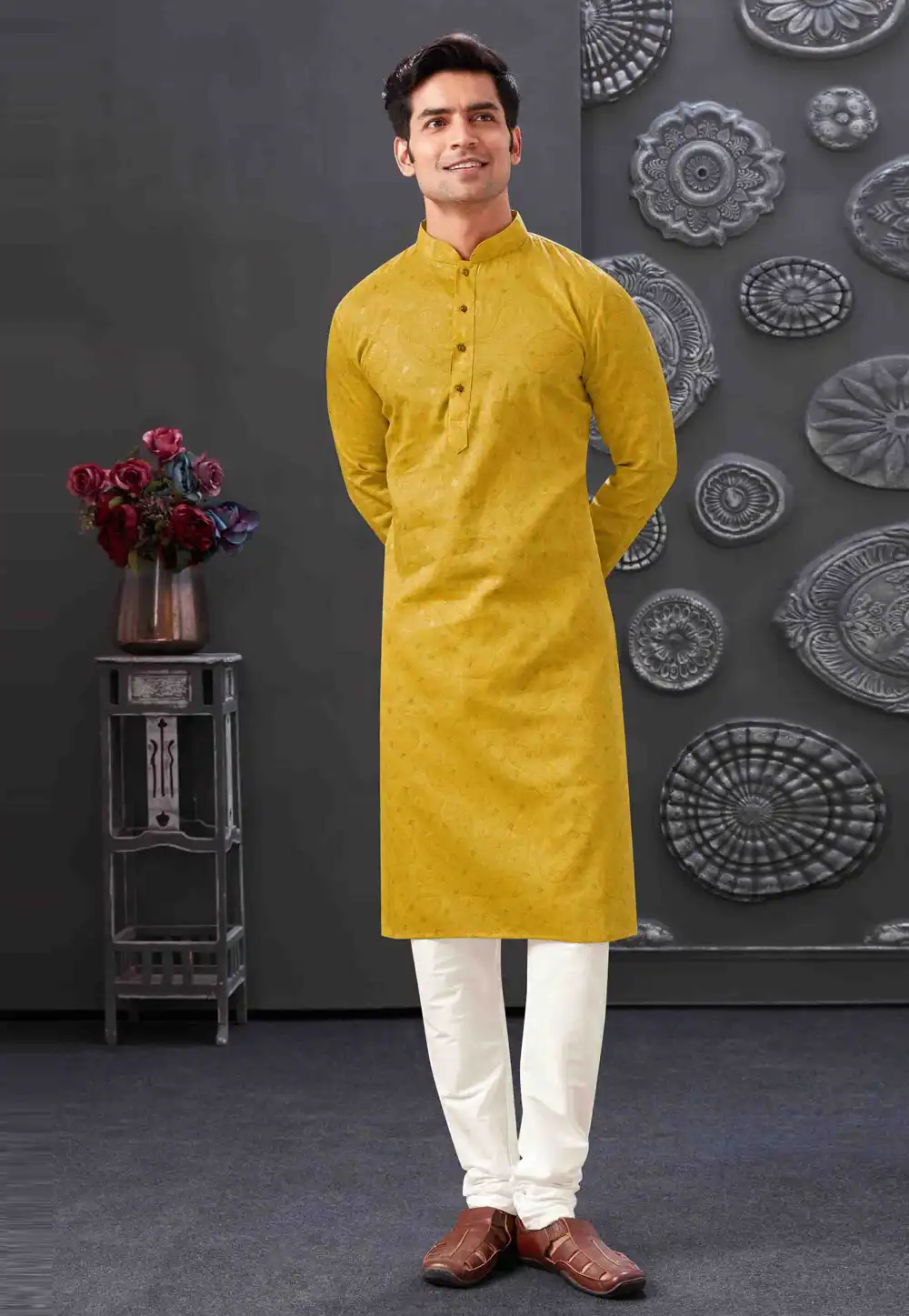 Mustard Cotton Kurta Pajama 288048