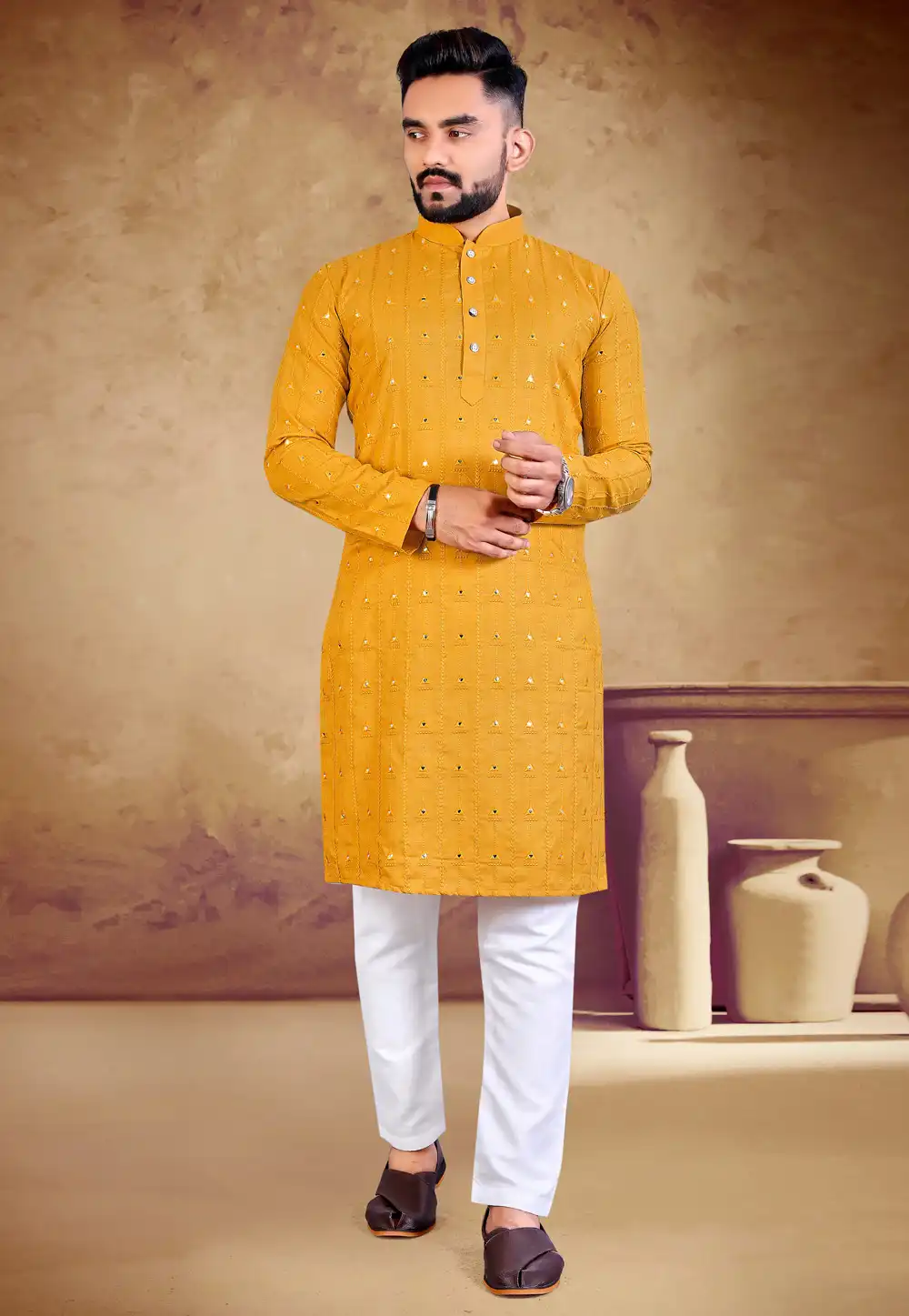 Mustard Cotton Kurta Pajama 293418