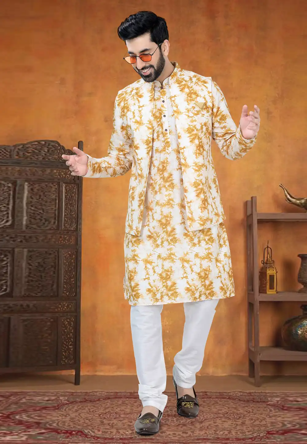 Mustard Cotton Kurta Pajama With Jacket 294997