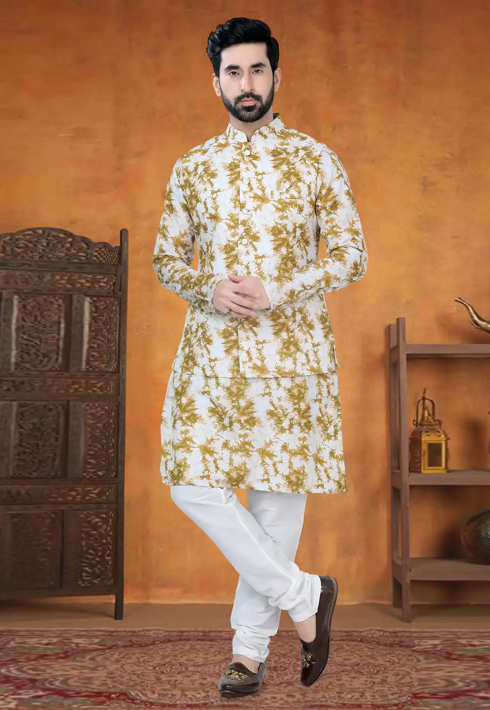 Mustard Cotton Kurta Pajama With Jacket 295000