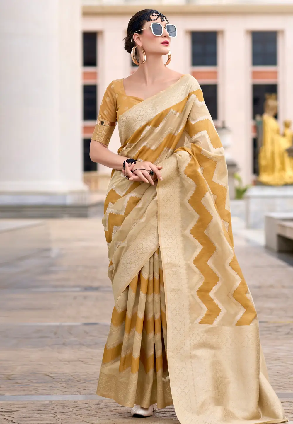 Mustard Cotton Linen Saree With Blouse 297214