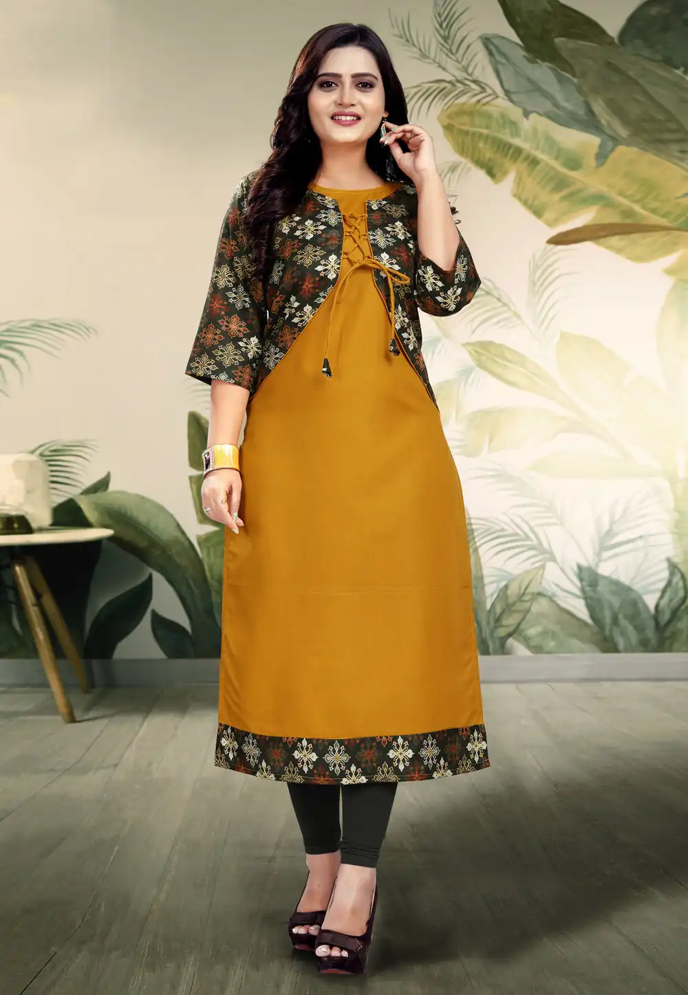 Mustard Cotton Long Kurti With Jacket 288072