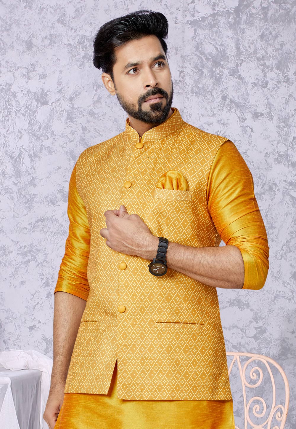 Mustard Cotton Nehru Jacket 286788