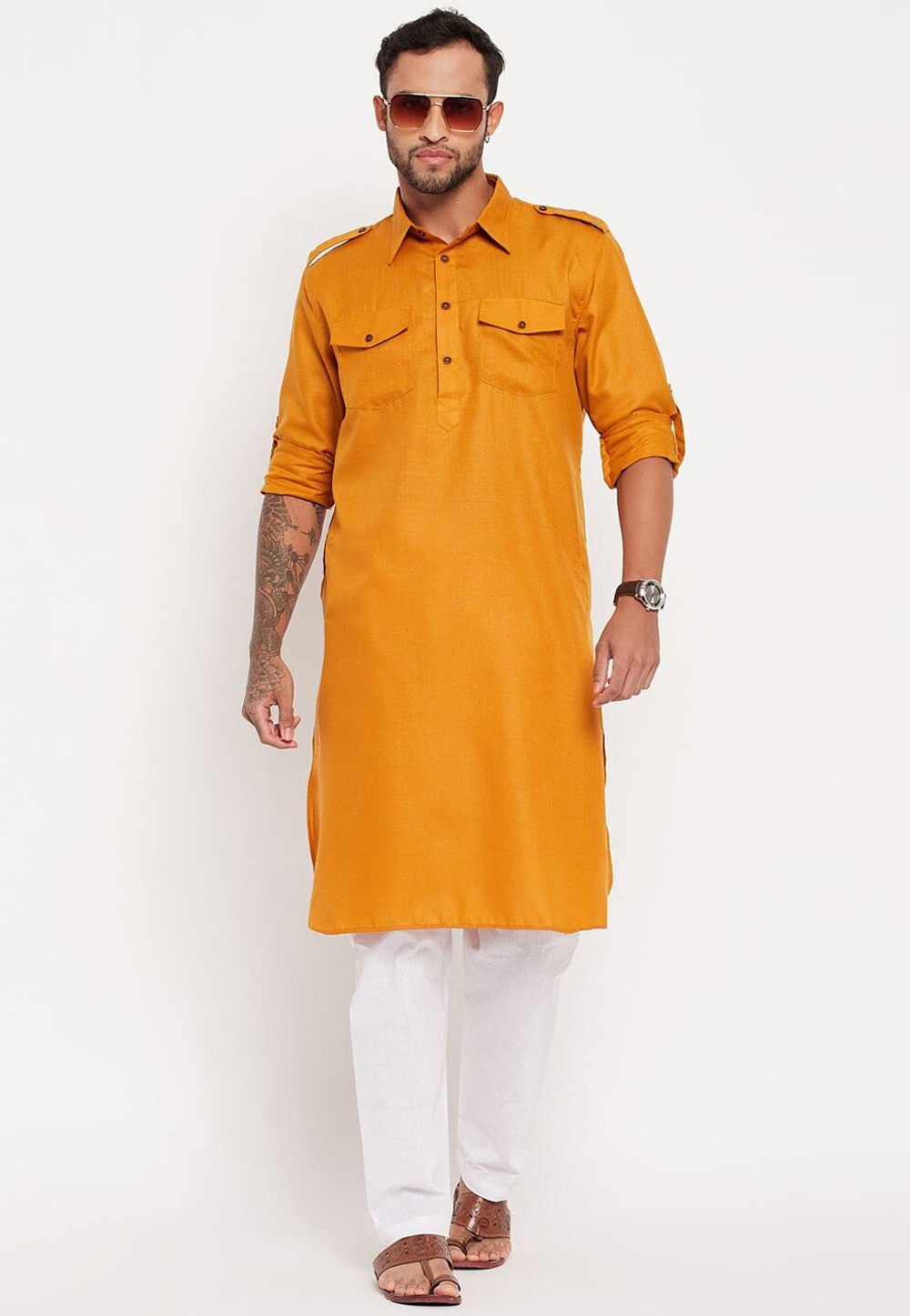 Mustard Cotton Pathani Suit 309750