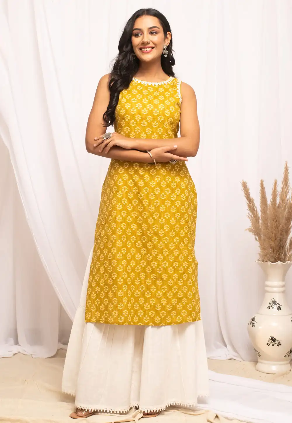 Mustard Cotton Printed Long Kurti 289027