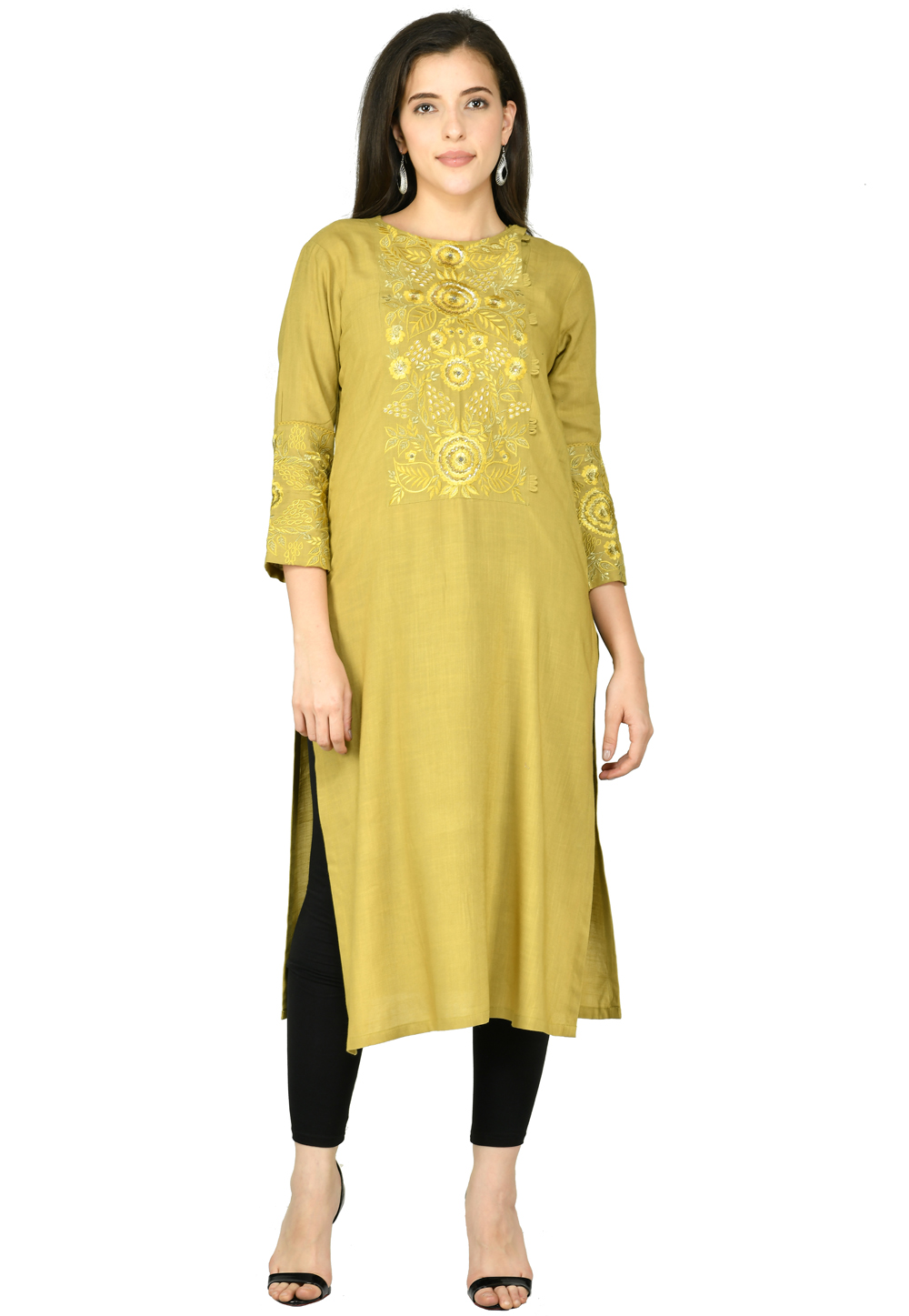 Mustard Cotton Rayon Kurta Set With Legging 305466